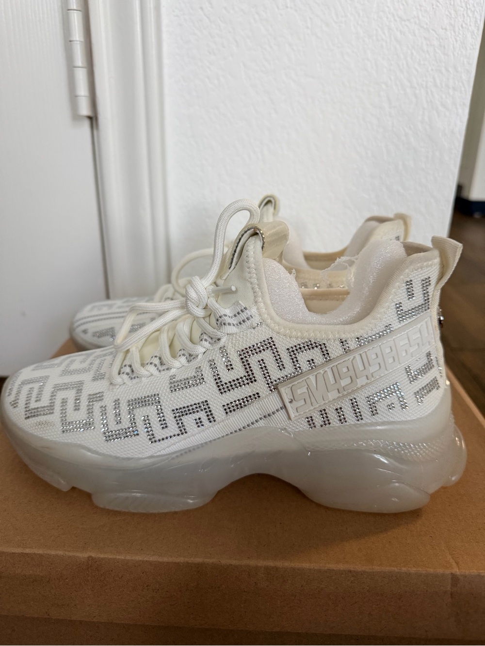 White Chunky Knit Women's Sneaker with Geometric Rhinestone Detail